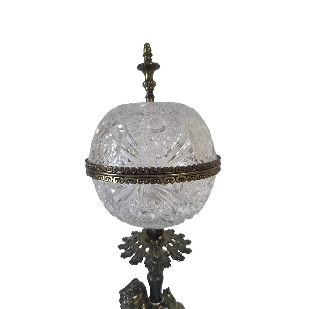 Pair Vintage Hollywood Regency Cherub Crystal Globe Table Lamps Brass Marble